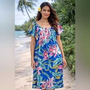 Hilo Hattie Hawaiian Dress L‎ Blue Orchid Tropical Midi Made Hawaii